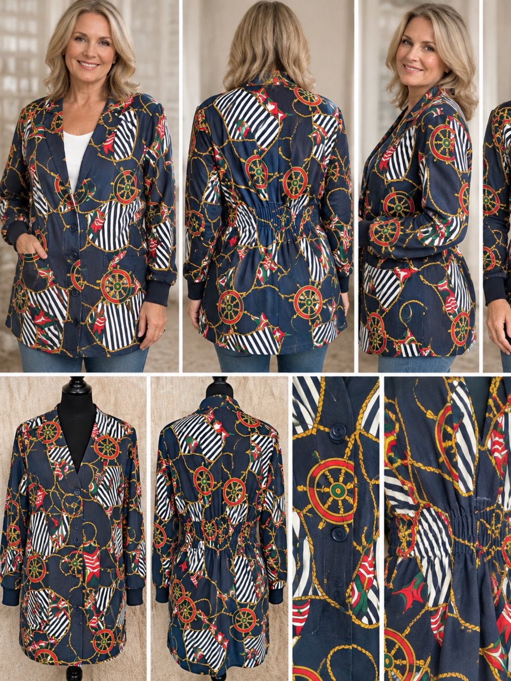 Vintage Landau Nautical Print Jacket L Made USA Cinched Waist